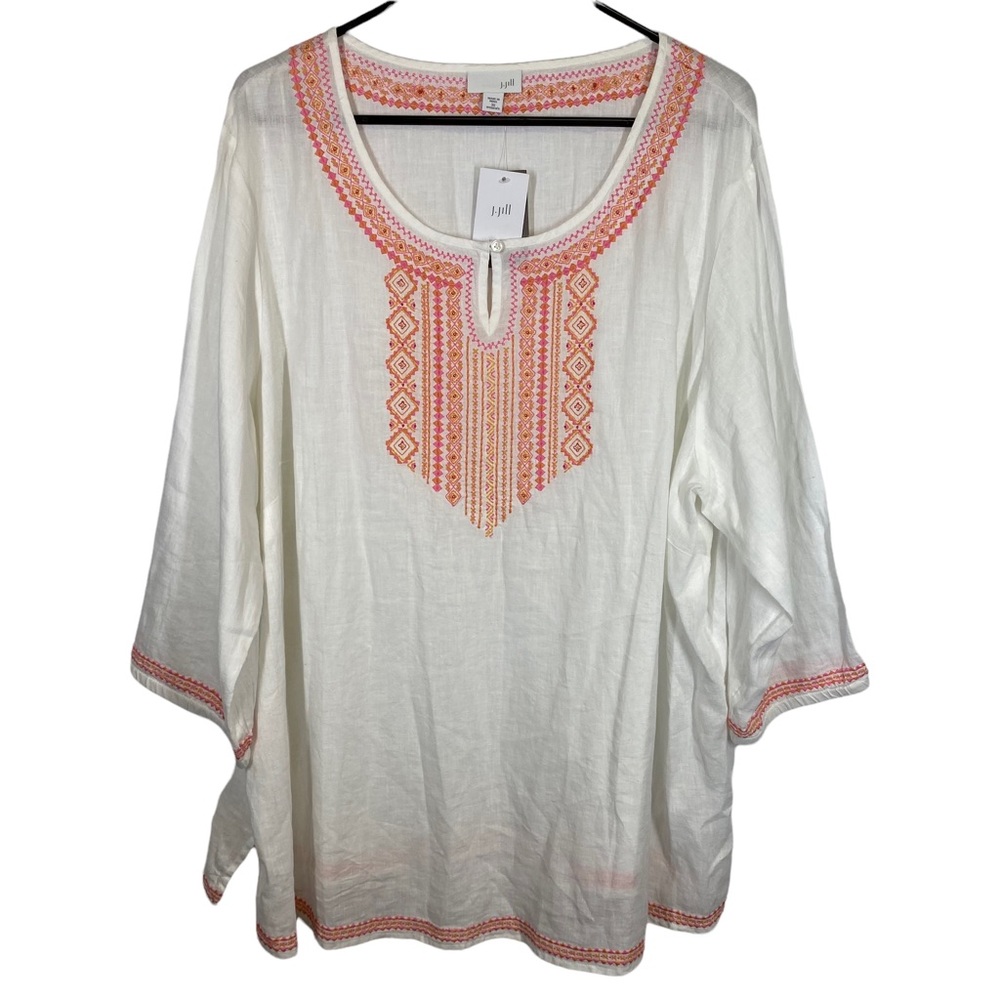 J. Jill White Pink Orange Embroidered Linen Blend Tunic Top 3X
